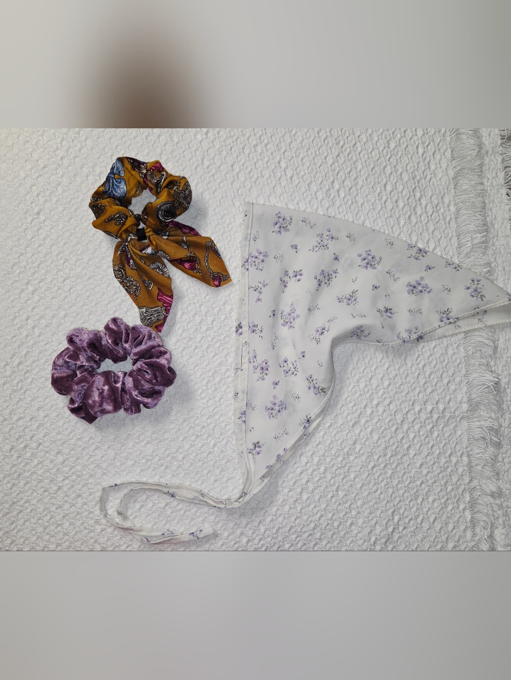 Floral Lavender Tie Headscarf + Velvet & Printed Scrunchie Set